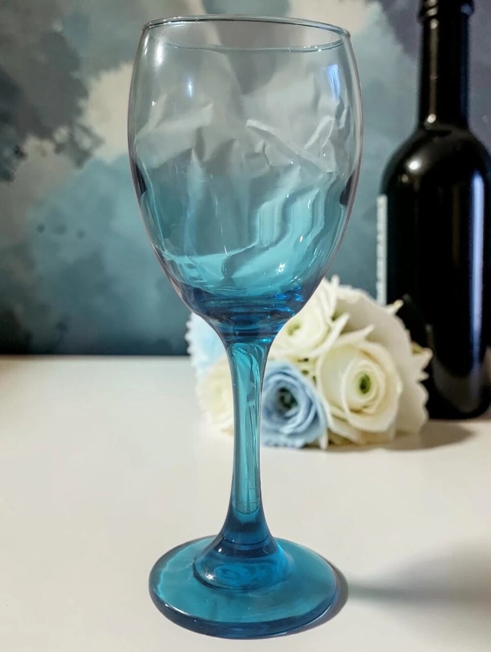1 Vtg 80'S Crista Rioja Aquamarine Blue Long Stem Wine Water Goblet Glass 12 oz.